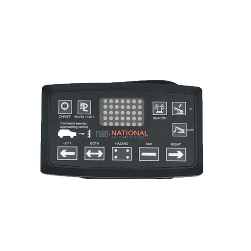 Control panel with various symbols and text on a white background