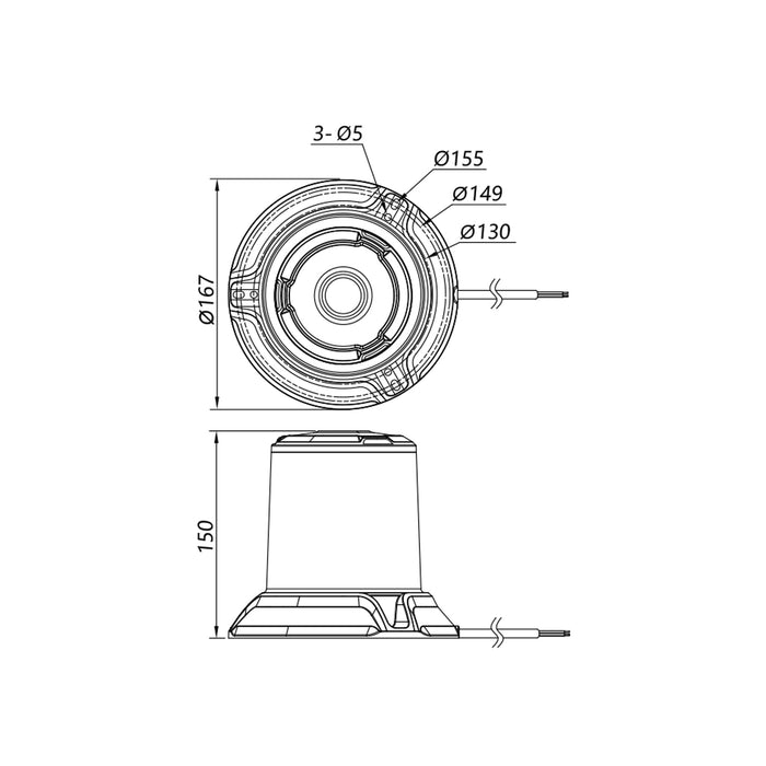 Technical drawing of a warning lamp with dimensions labeled