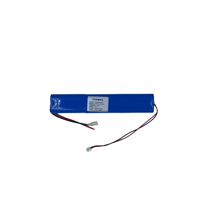 A blue battery with a label and two wires attached to it.