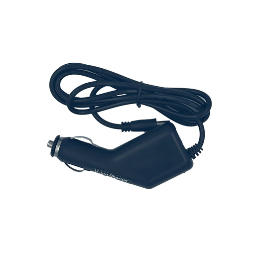 A black cigarette charger with a long cable and a 3-pronged connector for vehicles.