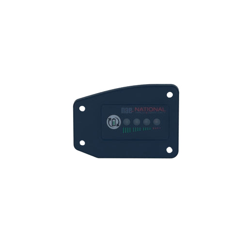 A black battery indicator end cap with a logo and indicator lights on the front.