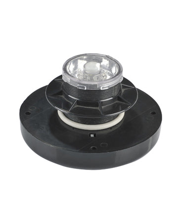 A black solar-powered LED toilet light with a motion sensor, featuring multiple LED bulbs on top.