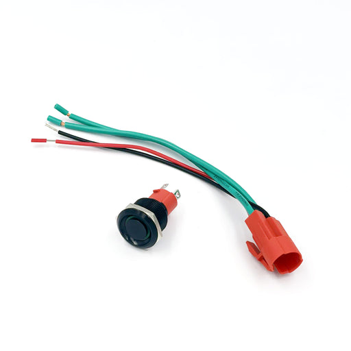 A black push button switch with an illuminated indicator, alongside a 12V DC harness adaptor with red and green wires.